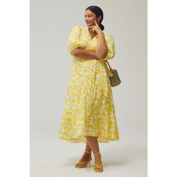 Anthropologie Hutch Tiered Wrap Lemon Yellow Midi Dress Size Medium - Picture 3 of 4